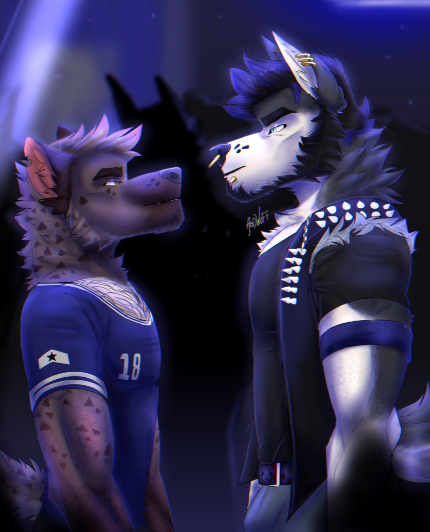 acidwuff alternate_version_at_source anthro beard black_beard black_clothing black_jacket black_shirt black_t-shirt black_topwear blue_clothing blue_eyes blue_shirt blue_t-shirt blue_topwear brown_body brown_eyes brown_fur canid clothed clothing duo ear_piercing ear_ring eye_contact facial_hair facial_piercing fur grey_body grey_fur hair hi_res jacket lip_piercing looking_at_another male mammal mouth_closed narrowed_eyes nose_piercing nose_ring piercing ring_piercing septum_piercing septum_ring shirt short_hair side_view spike_piercing spiked_jacket standing t-shirt topwear white_body white_fur