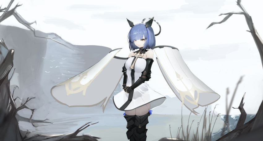 1girl absurdres azur_lane beach bird black_collar black_thighhighs blue_hair breasts cliff collar cross detached_collar dress driftwood floating floating_object flock gascogne_(azur_lane) halo highres leg_armor mechanical_ears multicolored_hair nero_(nero_nyam) own_hands_together shore solo streaked_hair thighhighs two-tone_dress two-tone_hair water white_dress zettai_ryouiki