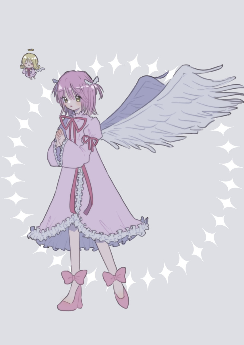 amulet_angel angel_wings atat_karubi diamond_(shape) dress feathered_wings frilled_dress frills full_body highres hinamori_amu own_hands_together pink_dress pink_footwear pink_hair short_hair shugo_chara! standing standing_on_one_leg twintails wings yellow_eyes