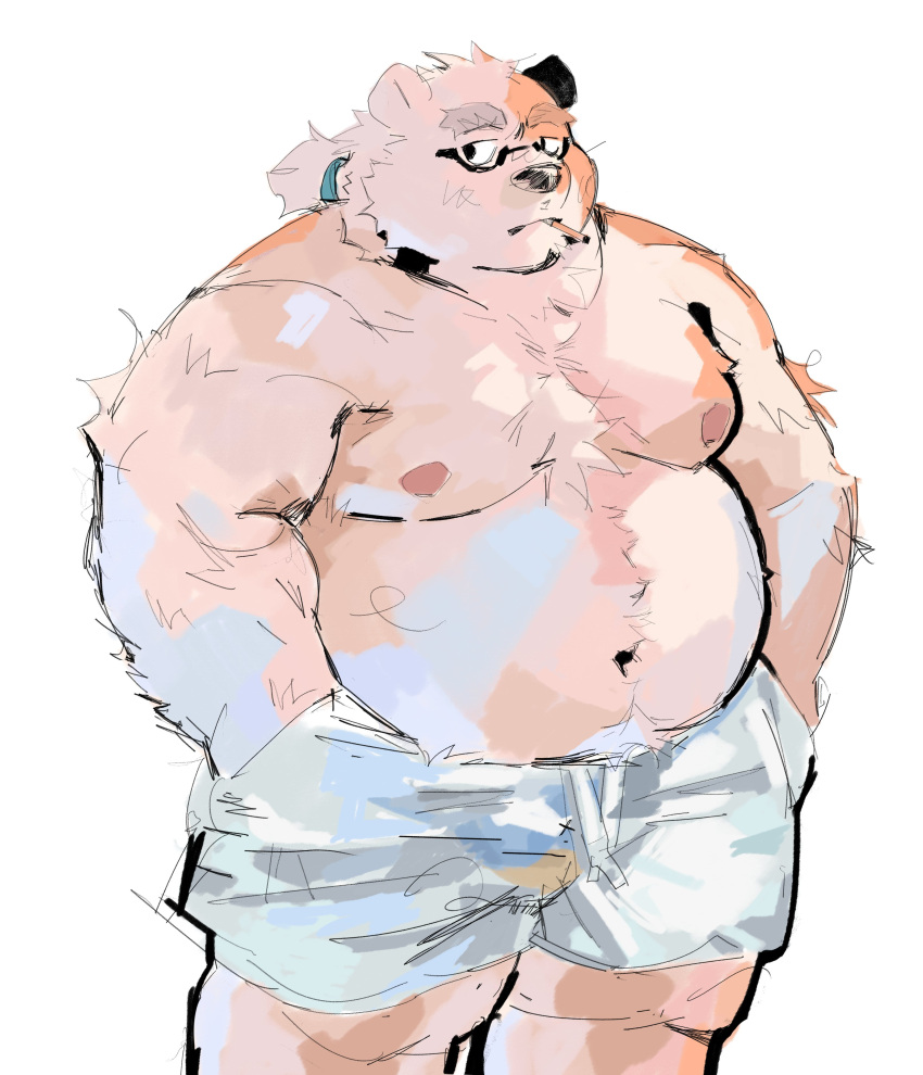 absurd_res anthro bear belly bottomwear cigarette cigarette_in_mouth clothing eyebrows fur hair hi_res leib_(tas) lifewonders male mammal navel object_in_mouth pecs polar_bear ponytail shirtless shorts simple_background smoking solo thick_eyebrows tokyo_afterschool_summoners tuokemao ursine white_background white_body white_fur