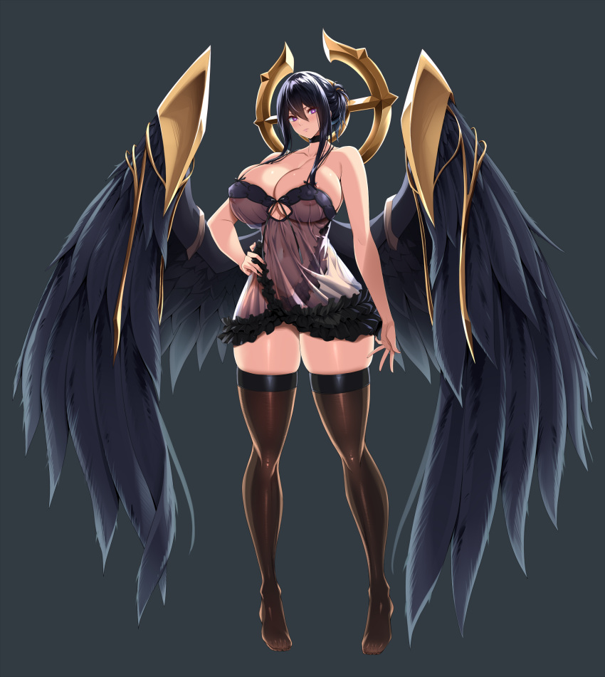 1girl babydoll bare_arms bare_shoulders black_hair black_negligee black_wings breasts brown_thighhighs cleavage collarbone commentary_request dark_areolae frilled_negligee frills full_body grey_background hair_between_eyes hair_over_breasts hand_on_own_hip highres huge_breasts kloah last_origin lingerie long_hair looking_at_viewer navel negligee purple_eyes revealing_clothes saraqael_(last_origin) sidelocks simple_background skindentation solo thighhighs thighs underwear wings