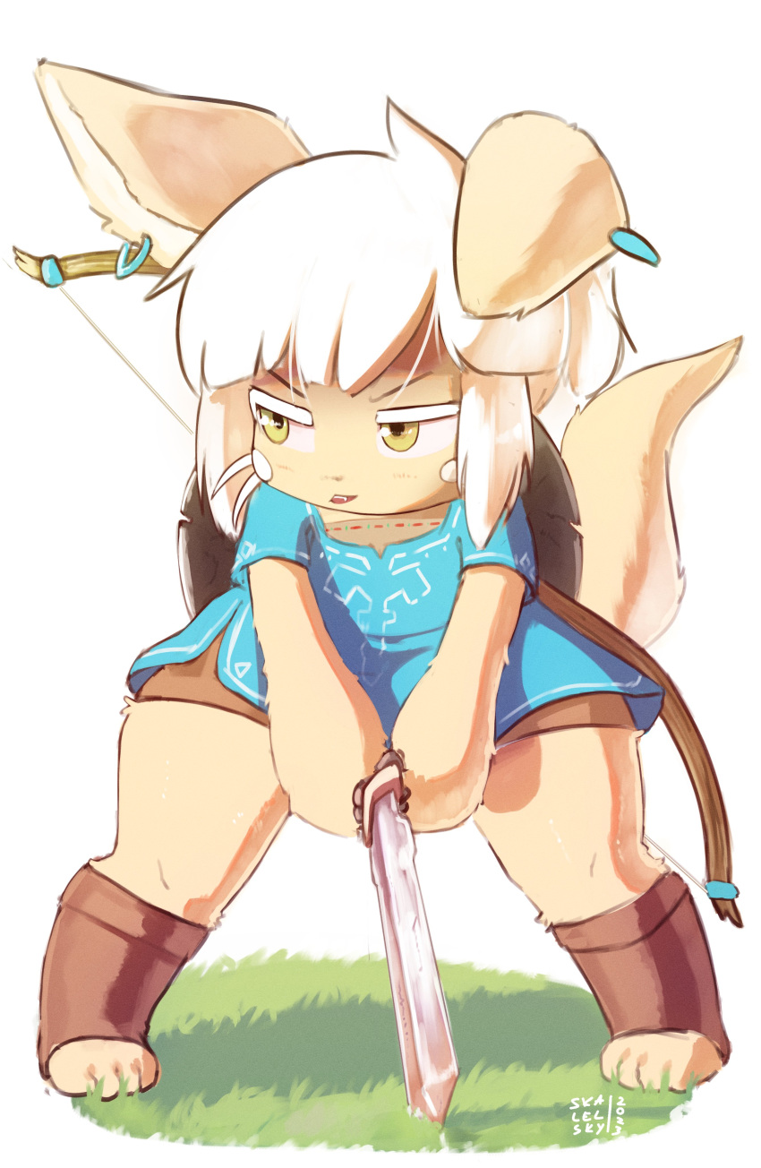 absurd_res ambiguous_gender anthro bow_(weapon) cosplay digital_media_(artwork) fur furgonomic_footwear hair hi_res looking_to_the_side made_in_abyss melee_weapon nanachi nintendo paws pose ranged_weapon shield_on_back simple_background skalelsky solo sword tan_body tan_fur the_legend_of_zelda weapon white_hair yellow_eyes