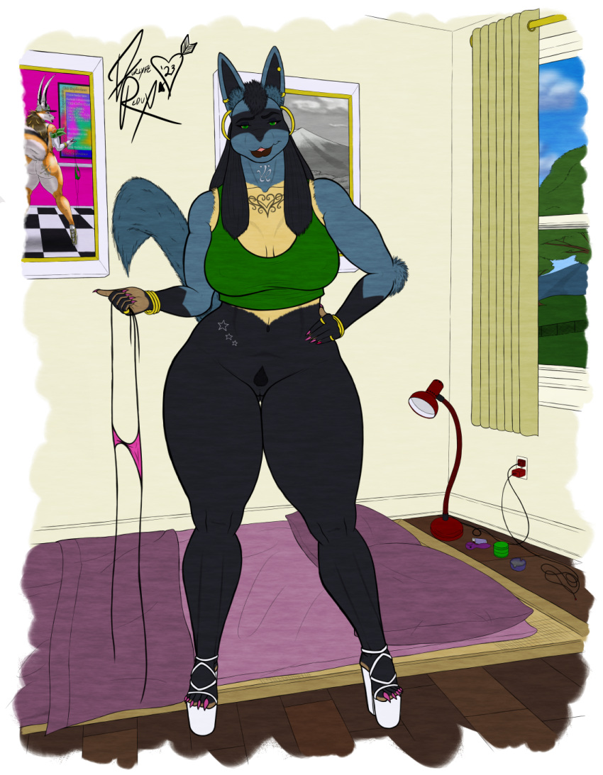 anthro bottomless clothed clothing drugs female filigree footwear foxelyn_tyson furlyfe_redux futon g-string generation_4_pokemon genitals hi_res high_heels jewelry lips looking_at_viewer lucario marijuana mostly_nude nintendo painted_claws platform_footwear platform_heels pokemon pokemon_(species) pubes pussy saleen_barrow shirt smile smiling_at_viewer smirk smirking_at_viewer solo tank_top tattoo thick_bottom_lip thick_thighs topwear underwear