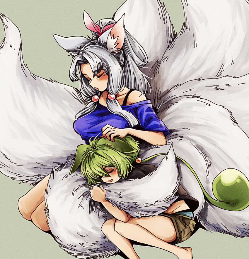 2girls :o alternate_costume animal_ear_fluff animal_ears blush breasts brown_shirt brown_shorts closed_eyes collarbone commentary_request curtained_hair fox_ears fox_girl green_hair grey_hair groin half_updo hand_on_another's_head highres hugging_another's_tail hugging_tail kitsune lap_pillow large_breasts long_hair low_ponytail lying midriff_peek multiple_girls multiple_tails natsu_tuna off-shoulder_shirt off_shoulder on_side open_mouth panties pantyshot ponytail purple_shirt seiza shirt short_shorts short_sleeves shorts sidelocks sitting sleeping spaghetti_strap tail touhoku_itako underwear very_long_hair voiceroid voicevox zundamon