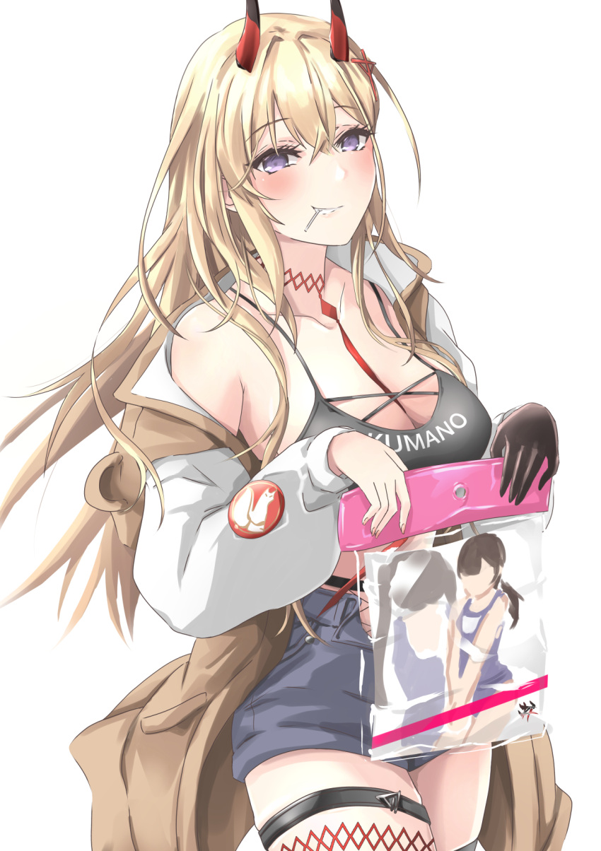1girl azur_lane bare_shoulders between_breasts black_shirt blonde_hair blue_shorts breasts brown_jacket character_name cleavage cowboy_shot crop_top denim denim_shorts gudon_(iukhzl) highres holding horns jacket kumano_(azur_lane) large_breasts long_hair long_sleeves looking_at_viewer midriff mouth_hold off_shoulder open_clothes open_jacket purple_eyes shirt short_shorts shorts sleeveless sleeveless_shirt smile solo spaghetti_strap standing thigh_strap white_jacket