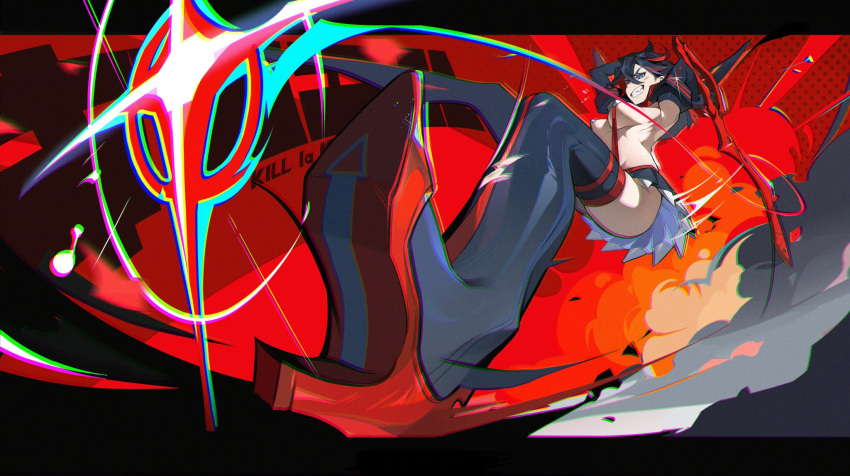 1girl 233xiaosuan armpits arms_up ass black_hair blue_eyes boots breasts clenched_teeth copyright_name crop_top from_below full_body grin high_heels highres holding holding_sword holding_weapon kamui_(kill_la_kill) kill_la_kill legs matoi_ryuuko medium_breasts medium_hair microskirt midriff miniskirt multicolored_hair over_shoulder pleated_skirt red_hair revealing_clothes scissor_blade_(kill_la_kill) scratches senketsu short_hair skirt smile solo streaked_hair suspender_skirt suspenders sword sword_over_shoulder teeth thigh_boots thighs two-tone_hair underboob weapon weapon_over_shoulder