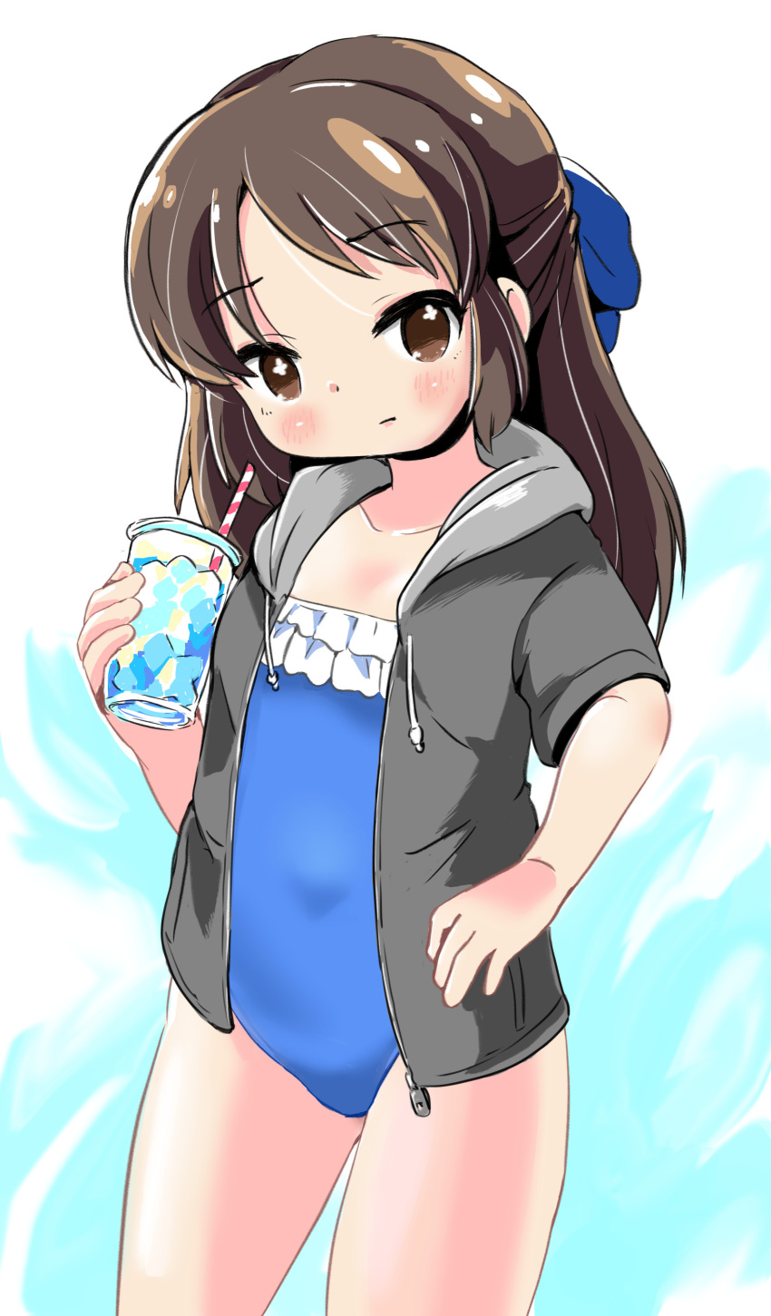 1girl absurdres ass_visible_through_thighs blue_bow blue_one-piece_swimsuit blush bow brown_eyes brown_hair closed_mouth collarbone commentary_request cup disposable_cup drawstring drinking_straw flower_in_eye grey_jacket hair_bow highres holding holding_cup hood hood_down hooded_jacket ice ice_cube idolmaster idolmaster_cinderella_girls jacket lemon_pan long_hair looking_at_viewer one-piece_swimsuit open_clothes open_jacket parted_bangs short_sleeves solo swimsuit swimsuit_under_clothes symbol_in_eye tachibana_arisu