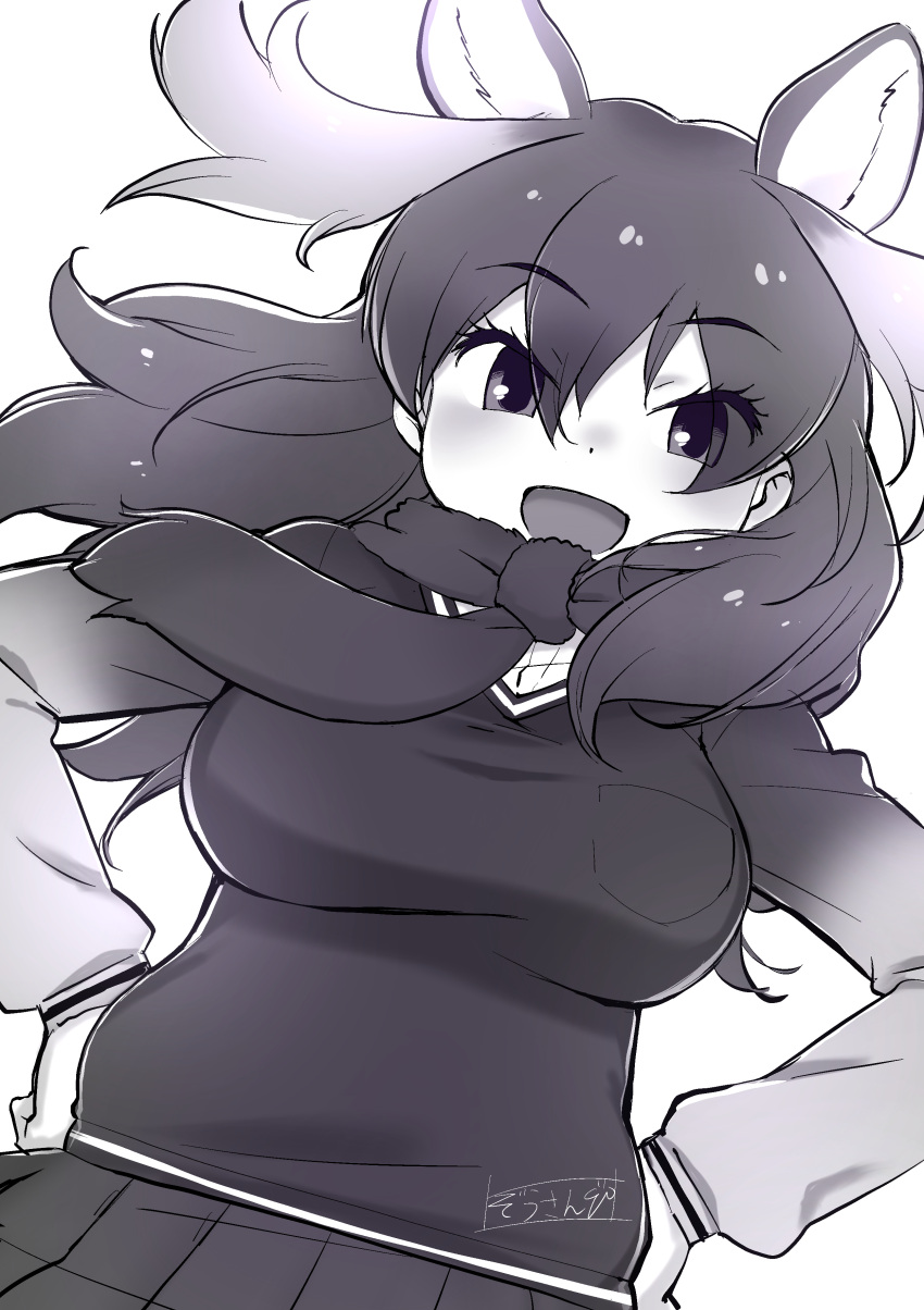 1girl absurdres animal_ears antlers black_hair blush breasts greyscale hair_between_eyes hands_on_own_hips highres kemono_friends kemono_friends_3 large_breasts long_hair long_sleeves looking_at_viewer masuyama_ryou monochrome moose_(kemono_friends) moose_ears open_mouth shirt skirt smile solo