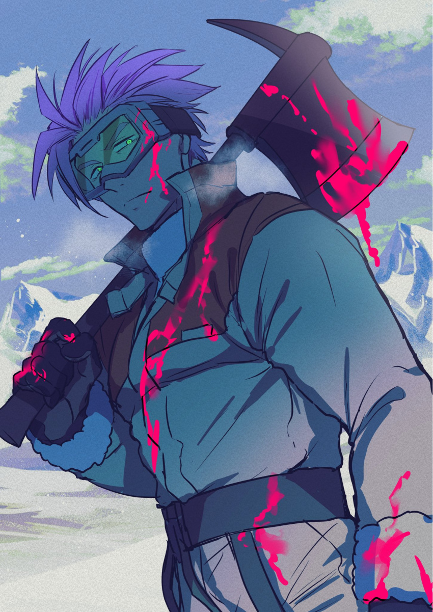 1boy axe blood blood_on_face blood_on_hands blood_on_weapon cowboy_shot deruha_(this_communication) frown goggles highres holding holding_axe huge_eyebrows looking_at_viewer male_focus mepphy01 mountain muscular muscular_male over_shoulder pectorals pink_hair short_hair snow solo spiked_hair this_communication weapon weapon_over_shoulder winter