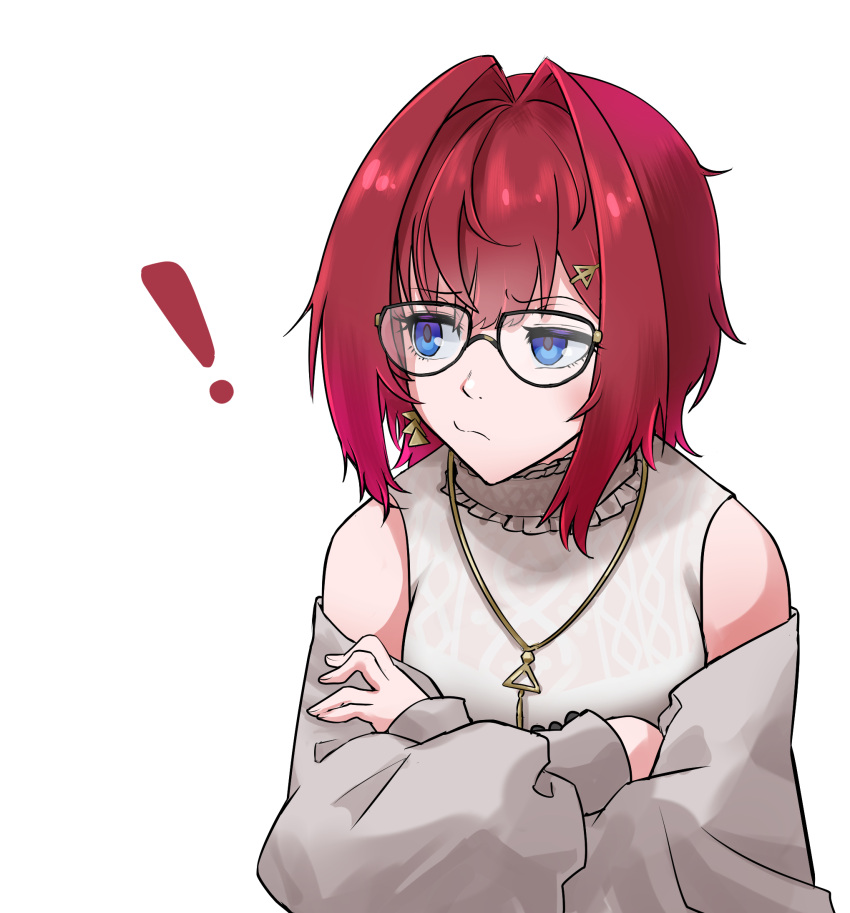 ange_katrina annoyed blue_eyes chamaji clothing_cutout crossed_arms earrings frilled_shirt_collar frills furrowed_brow glasses hair_between_eyes hair_intakes highres jewelry looking_to_the_side necklace nijisanji pout puffy_sleeves red_hair short_hair shoulder_cutout triangle_hair_ornament virtual_youtuber