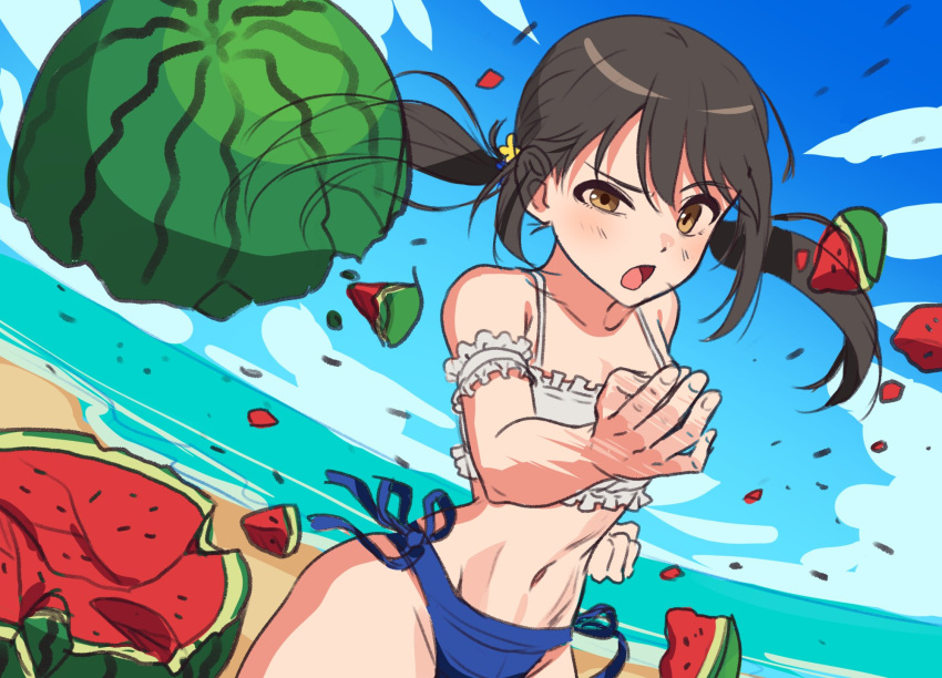 1girl asymmetrical_bikini beach bikini black_hair blue_bikini blue_sky clenched_hand cloud commentary_request day food fruit half-closed_eye hand_up highres idolmaster idolmaster_cinderella_girls kamille_(vcx68) karate long_hair looking_ahead nakano_yuka navel open_mouth outdoors sidelocks sky solo stomach swimsuit thighs toned twintails watermelon white_bikini yellow_eyes