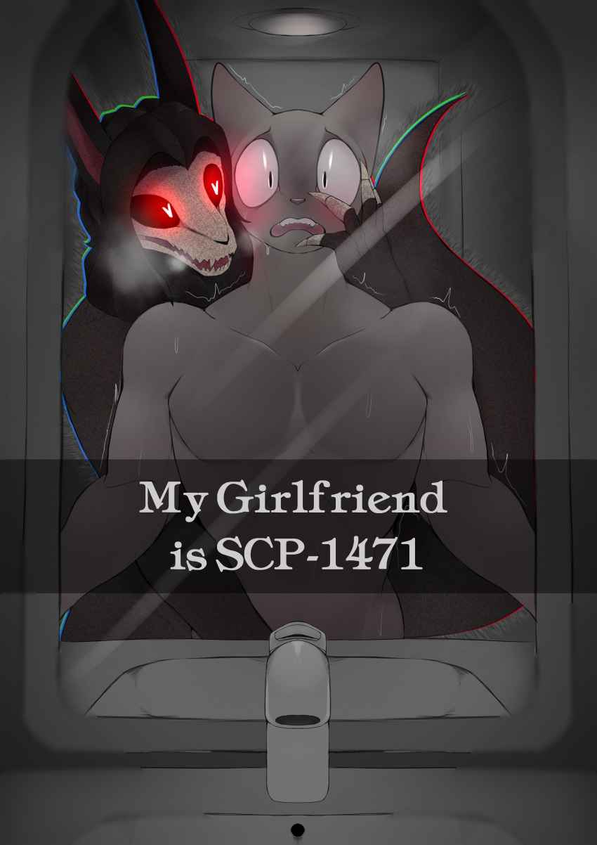 &lt;3 &lt;3_eyes 4ears_5eyes absurd_res anon anthro canid canine canis duo felid feline female hi_res humanoid male male/female mammal mirror_selfie scared scp-1471 scp-1471-a scp_foundation selfie wolf