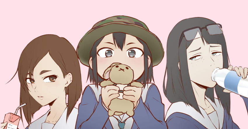 1girl 3girls asakusa_midori black_eyes black_hair blazer blue_jacket blue_necktie blue_shirt bob_cut bottle brown_eyes brown_hair bucket_hat camouflage close-up collarbone commentary covering_mouth drink drinking drinking_straw eizouken_ni_wa_te_wo_dasu_na! eyelashes eyewear_on_head freckles from_side glasses green_headwear hair_between_eyes hair_over_one_eye hair_strand half-closed_eyes hand_up hat henriiku_(ahemaru) holding holding_bottle holding_drink holding_stuffed_toy inverted_bob jacket juice_box kanamori_sayaka light_blush lips long_sleeves looking_at_viewer looking_to_the_side medium_hair milk milk_bottle mizusaki_tsubame multiple_girls necktie over-rim_eyewear own_hands_together parted_bangs parted_lips pink_background portrait raised_eyebrows rectangular_eyewear sailor_collar school_uniform semi-rimless_eyewear serafuku shirt short_hair simple_background solo straight-on strawberry_milk stuffed_animal stuffed_rabbit stuffed_toy thick_eyebrows upper_body w_arms white_sailor_collar white_shirt