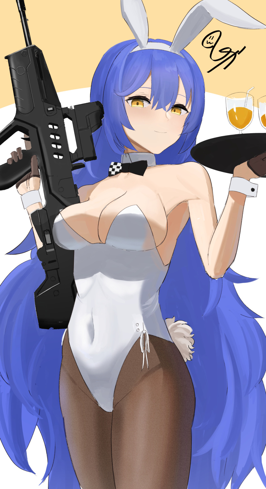 1girl absurdres animal_ears assault_rifle bare_shoulders black_bow black_bowtie blue_hair bow bowtie breasts brown_background brown_gloves brown_pantyhose bullpup closed_mouth collar commentary covered_navel detached_collar girls'_frontline gloves gun hair_between_eyes hairband half_gloves highres holding holding_gun holding_tray holding_weapon iwi_tavor koucha_kouden leotard long_hair medium_breasts pantyhose playboy_bunny rabbit_ears rabbit_tail rifle signature smile solo strapless strapless_leotard tail tar-21_(girls'_frontline) tray trigger_discipline two-tone_background very_long_hair weapon white_background white_collar white_hairband white_leotard wing_collar wrist_cuffs yellow_eyes