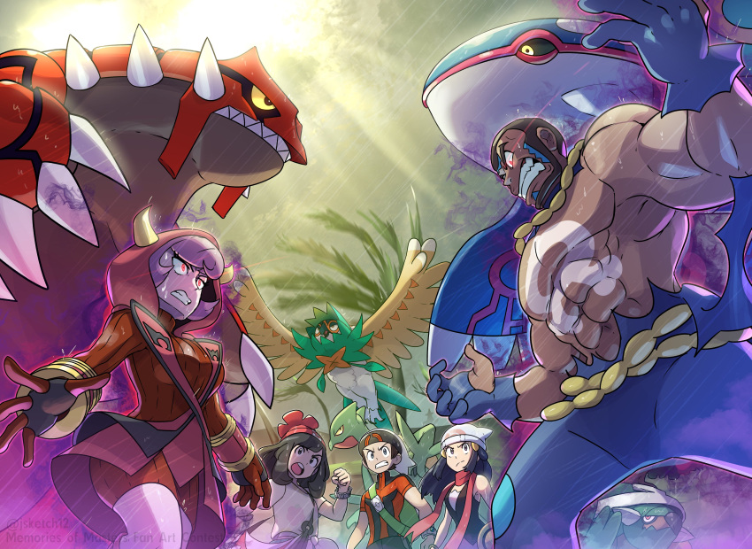 2boys 3girls absurdres angry beanie black_sclera breasts brendan_(pokemon) colored_sclera courtney_(pokemon) dawn_(pokemon) decidueye glowing glowing_eyes groudon hat highres juno_son kyogre matt_(pokemon) mega_ring multiple_boys multiple_girls muscular muscular_male open_mouth palm_tree pokemon pokemon_(game) pokemon_dppt pokemon_masters_ex pokemon_oras pokemon_sm purple_hair sceptile selene_(pokemon) sharp_teeth team_aqua team_magma_uniform teeth topless torterra tree v-shaped_eyebrows wings z-ring