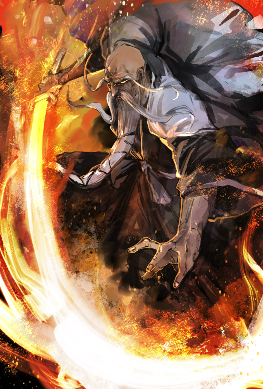 1boy absurdres bald beard black_kimono bleach commentary_request facial_hair fighting_stance fire flaming_weapon haori highres holding holding_sword holding_weapon ikuyoan japanese_clothes katana kimono long_beard long_eyebrows looking_at_viewer male_focus old old_man solo sword taichou_haori very_long_beard weapon wide_sleeves yamamoto-genryuusai_shigekuni