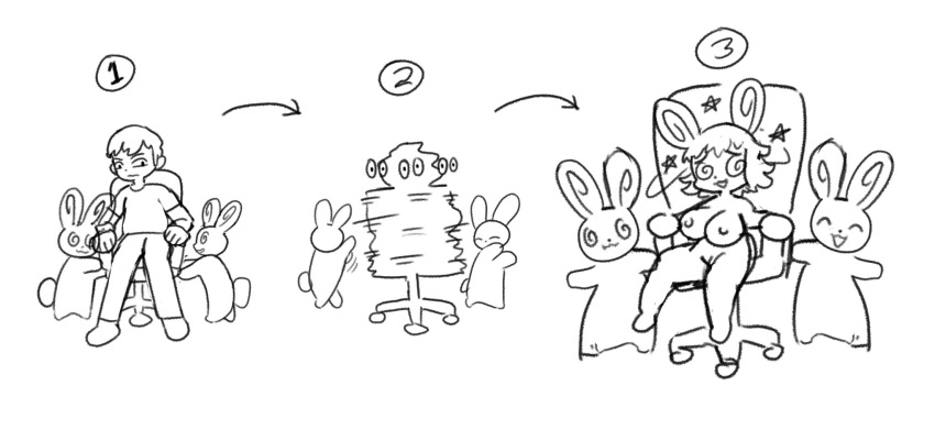 anthro arrow_sign big_breasts breasts chair dizzy furniture genitals group hi_res human lagomorph leporid line_art mammal plushie popstick pussy rabbit sequence spinning transformation trio