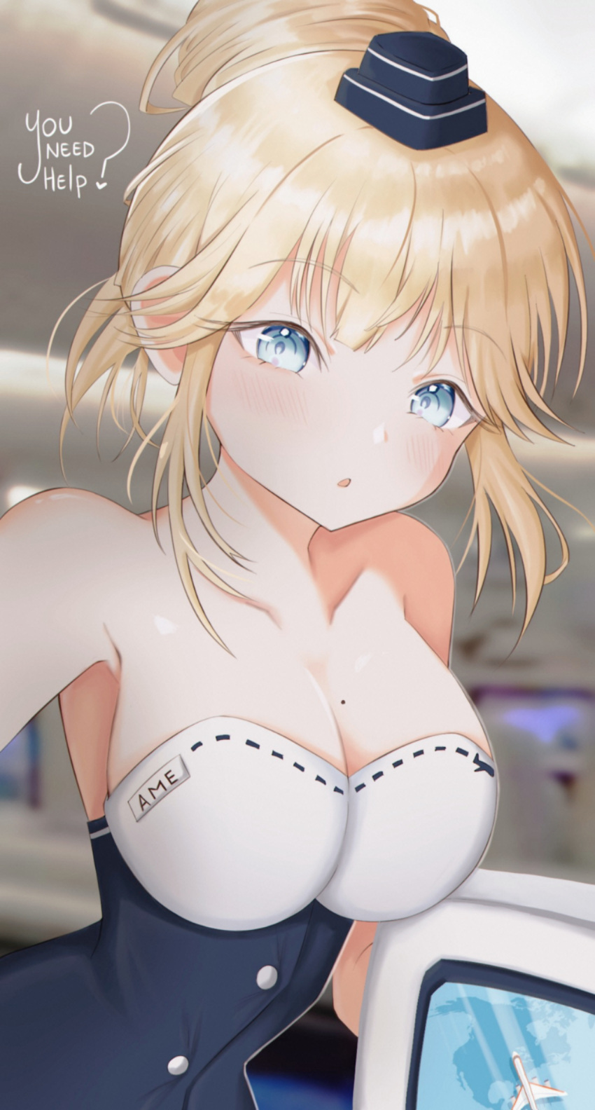 1girl aircraft airplane airplane_interior blonde_hair blue_eyes blurry blurry_background breasts character_name cleavage collarbone dress english_text flight_attendant hat highres hololive hololive_english large_breasts mini_hat mole mole_on_breast nyu-tan94 sleeveless sleeveless_dress solo strapless strapless_dress travel_attendant virtual_youtuber watson_amelia