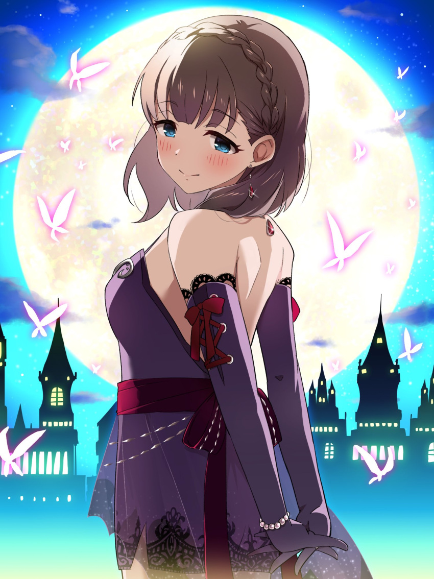 1girl arms_behind_back blue_eyes blush bow bracelet braid breasts brown_hair bug butterfly castle closed_mouth cloud cloudy_sky dress dress_bow earrings elbow_gloves from_side full_moon gem gloves highres idolmaster idolmaster_cinderella_girls idolmaster_cinderella_girls_starlight_stage interlocked_fingers jewelry long_hair looking_at_viewer medium_breasts moon nanananananasea night pearl_(gemstone) purple_dress purple_gloves red_ribbon ribbon sakuma_mayu sky smile solo
