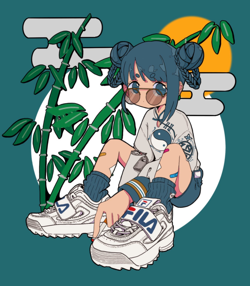 1girl aqua_background arms_between_legs bamboo bandaid bandaid_on_leg braided_hair_rings chinese_clothes cigarette double_bun egasumi fila glasses grey_eyes grey_hair grey_shorts grey_socks hair_bun highres holding holding_cigarette knees_up long_sleeves looking_at_viewer looking_over_eyewear nao97122 original over-rim_eyewear print_shirt ribbed_socks round_eyewear semi-rimless_eyewear shirt shoes short_hair shorts single_sidelock sitting smoking sneakers socks solo tinted_eyewear white_footwear white_shirt yin_yang yin_yang_print zipper zipper_pull_tab