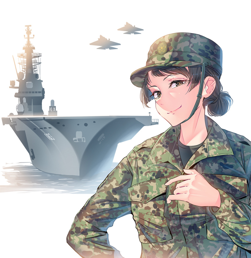 1girl aircraft black_hair breast_pocket brown_eyes cover daito f-15_eagle f-15j_eagle green_headwear hair_bun hat highres japan_ground_self-defense_force japan_self-defense_force jieitai_ouen_club js_izumo_(ddh-183) long_sleeves magazine_cover military military_hat military_uniform official_art pocket shirt silhouette solo uniform