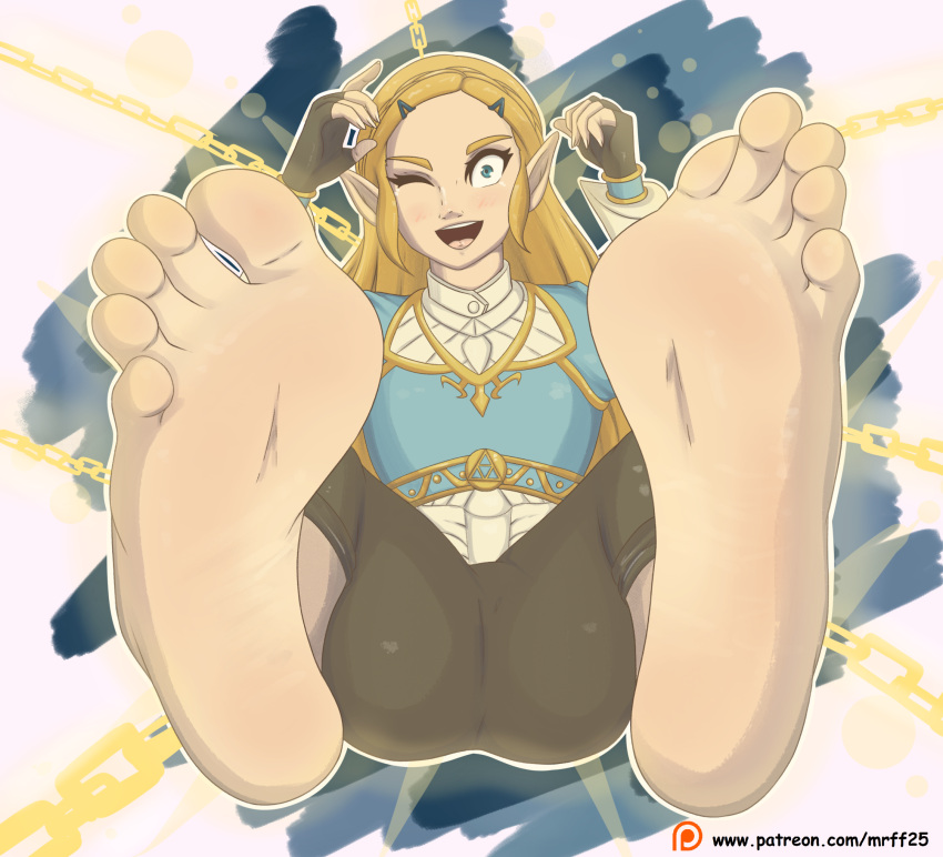 5_toes barefoot blonde_hair breath_of_the_wild clothing feet female fingerless_gloves foot_focus gloves hair handwear hi_res humanoid humanoid_feet humanoid_pointy_ears hylian long_hair mrff25 nintendo not_furry open_mouth plantigrade princess_zelda solo text the_legend_of_zelda toes url