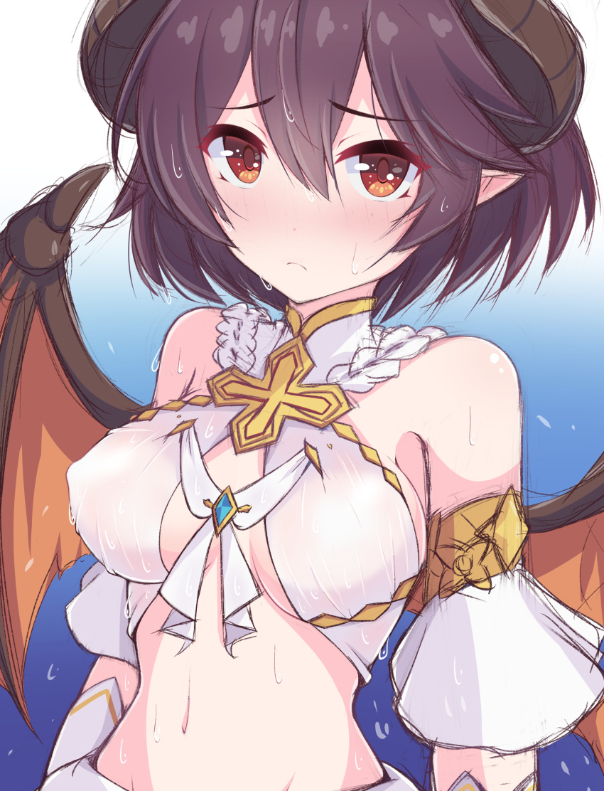 1girl absurdres bare_shoulders blue_background blush breasts closed_mouth commentary_request cosplay cross dancer demon_horns detached_sleeves dragon_girl dragon_horns dragon_wings embarrassed gradient_background grea_(shingeki_no_bahamut) halterneck highres horns kuroha_koudai looking_at_viewer medium_breasts navel pointy_ears princess_connect! purple_hair red_eyes shingeki_no_bahamut short_hair sideboob solo stomach sweat underboob upper_body wings yui_(ceremonial)_(princess_connect!) yui_(princess_connect!) yui_(princess_connect!)_(cosplay)