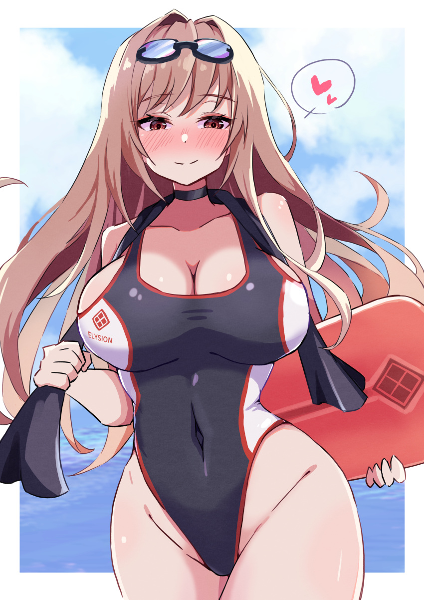 1girl absurdres black_choker black_one-piece_swimsuit blue_sky blush breasts brown_hair choker cleavage cloud competition_swimsuit covered_navel cowboy_shot goddess_of_victory:_nikke goggles goggles_on_head highleg highleg_swimsuit highres kickboard large_breasts light_brown_hair long_hair maruichi_pepeto one-piece_swimsuit rapi_(classic_vacation)_(nikke) rapi_(nikke) sky smile solo swimsuit towel two-tone_swimsuit