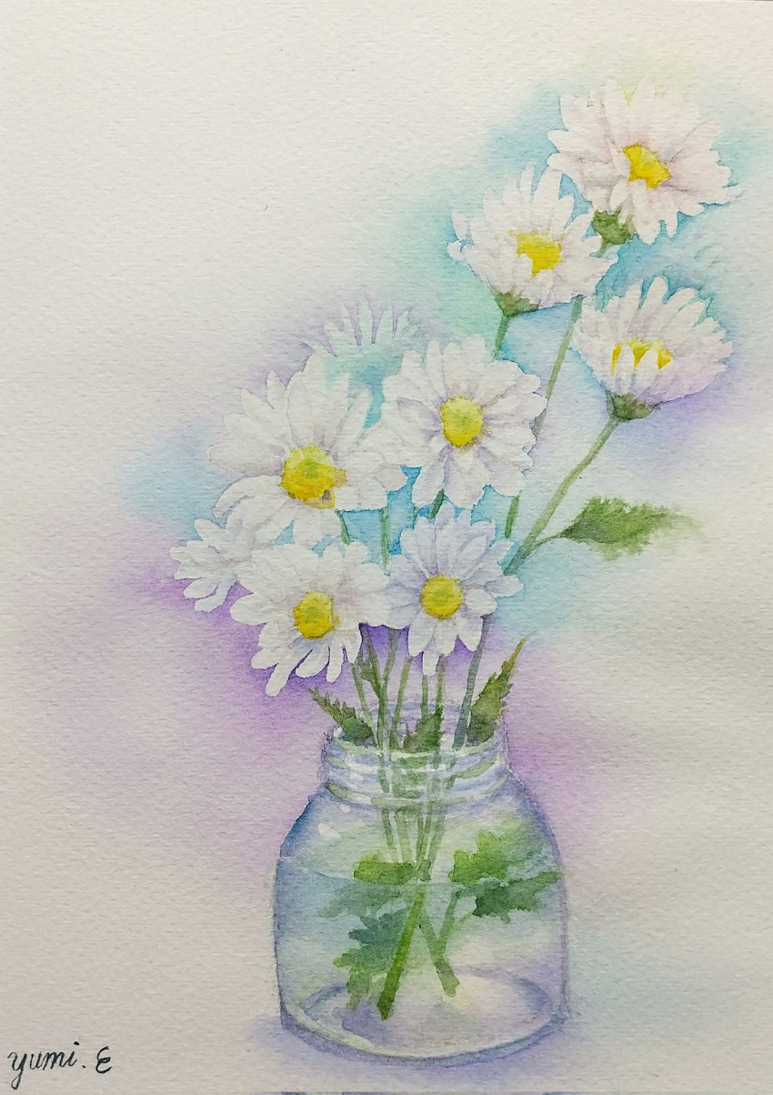 flower highres jar miyuchan777 no_humans original painting_(medium) plant still_life traditional_media water watercolor_(medium) white_flower