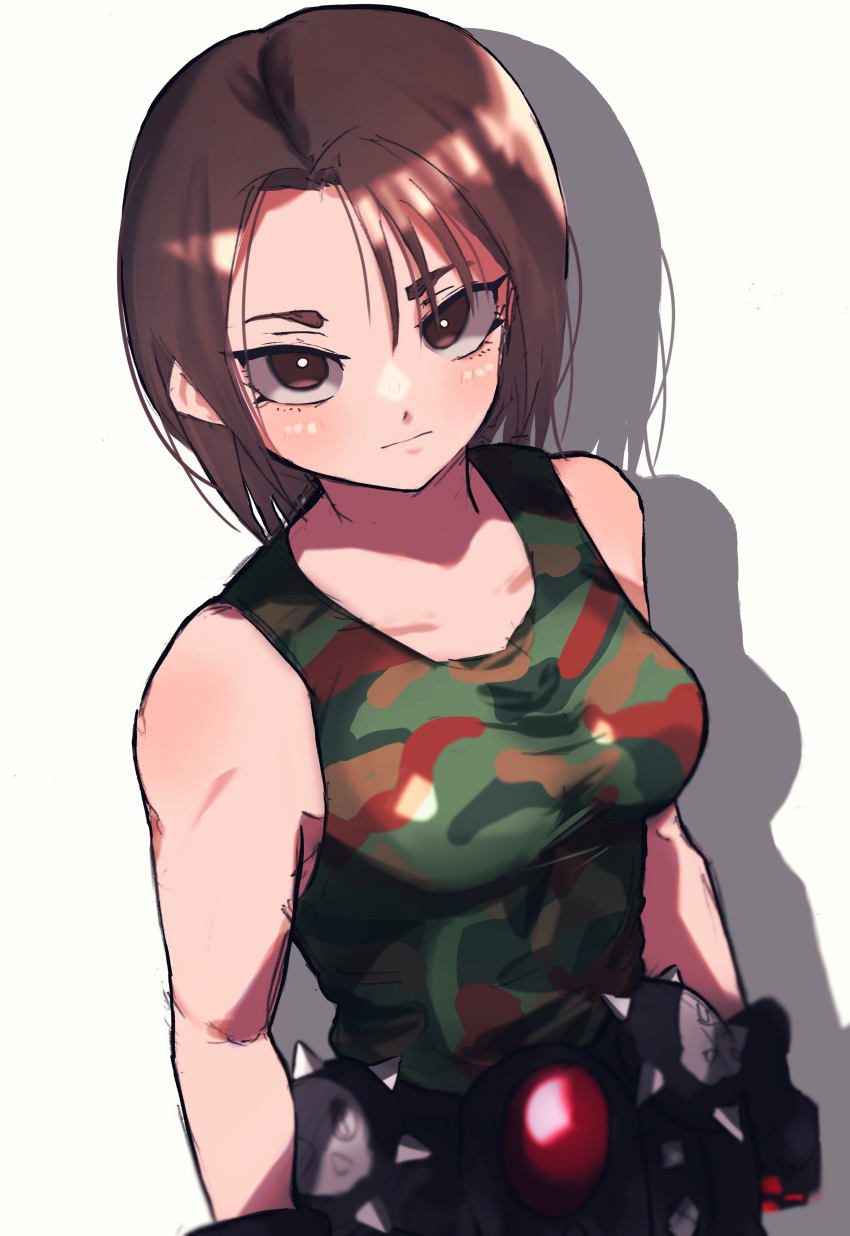 1girl absurdres bababaeki00 bare_shoulders blush brown_eyes brown_hair camouflage camouflage_tank_top gloves highres justice_gakuen kazama_akira looking_at_viewer street_fighter street_fighter_v tank_top