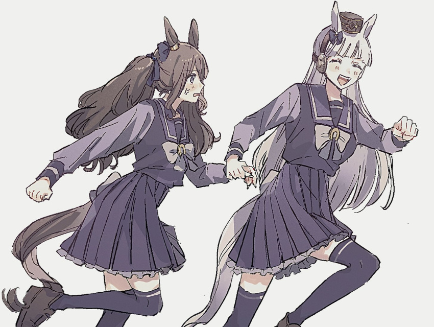 2girls anger_vein animal_ears blunt_bangs bow bowtie brown_footwear brown_hair brown_headwear frilled_skirt frills from_side gold_ship_(umamusume) grey_background grey_hair horse_ears horse_girl horse_tail horseshoe_ornament long_hair long_sleeves multiple_girls n_(mo_02323) pillbox_hat pleated_skirt purple_eyes purple_serafuku purple_shirt purple_skirt purple_thighhighs running sailor_collar sailor_shirt school_uniform serafuku shirt simple_background skirt tail thighhighs tosen_jordan_(umamusume) tracen_school_uniform twintails umamusume white_bow white_bowtie