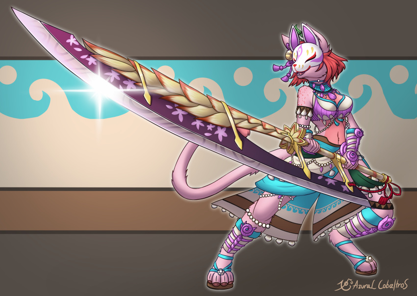 absurd_res anthro armor azural_cobaltros breasts capcom clothed clothing collar domestic_cat felid feline felis female fur greatsword hair headgear hi_res holding_object holding_weapon jewelry mammal mask melee_weapon mia_(kelmachi) monster_hunter open_mouth pink_body pink_fur pink_hair seashell shell short_hair simple_background smile solo sword tail weapon