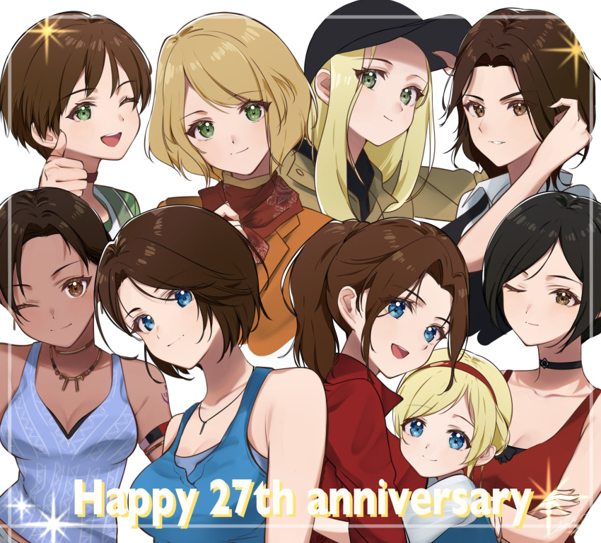 6+girls ada_wong aged_down aged_up ashley_graham black_choker black_hair black_headwear blonde_hair blue_tank_top breasts brown_eyes brown_hair child choker claire_redfield collarbone crossed_arms dark_skin english_text female_child green_eyes green_jacket hair_between_eyes hand_in_own_hair happy_anniversary hat helena_harper high_ponytail highres holding holding_clothes holding_hat hug jacket jewelry jill_valentine large_breasts long_hair long_sleeves looking_at_viewer mar0maru multiple_girls necklace one_eye_closed open_mouth orange_jacket parted_bangs ponytail rebecca_chambers red_choker red_headwear red_jacket red_scarf resident_evil resident_evil_0 resident_evil_2 resident_evil_4 resident_evil_4_(remake) resident_evil_5 resident_evil_6 resident_evil_village rosemary_winters scarf sherry_birkin sheva_alomar short_hair shoulder_tattoo simple_background sleeveless smile star_(symbol) tank_top tattoo teeth thumbs_up upper_body upper_teeth_only white_background