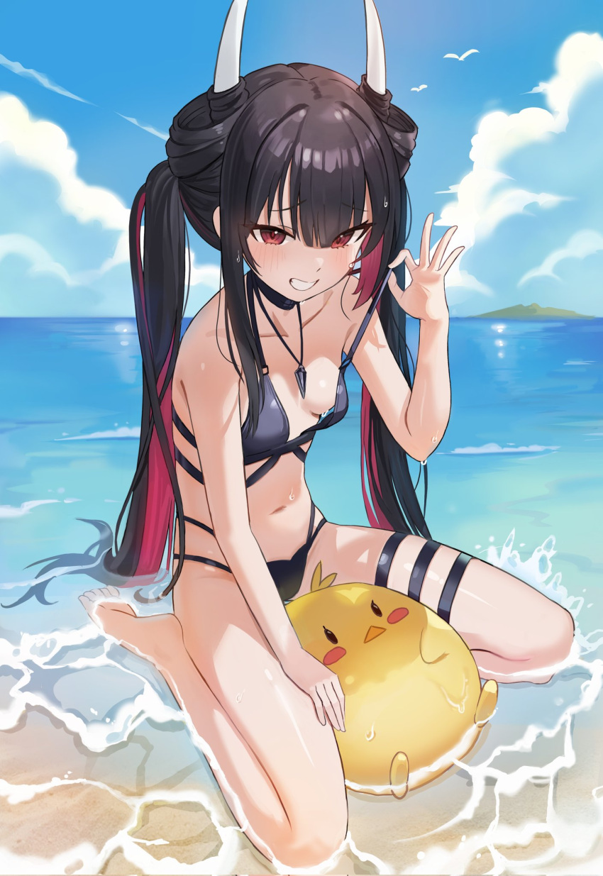 1girl azur_lane bare_shoulders barefoot beach bikini bikini_pull bird black_bikini black_choker black_hair blue_sky blush breasts chick choker clothes_pull cloud cloudy_sky collarbone colored_inner_hair hair_between_eyes hand_up hatsuzuki_(august's_first_romance)_(azur_lane) hatsuzuki_(azur_lane) henem416 highres horns long_hair looking_at_viewer manjuu_(azur_lane) multicolored_hair navel ocean official_alternate_costume open_mouth outdoors red_eyes red_hair sand seagull sitting sky small_breasts smile stomach swimsuit thigh_strap toes twintails water waves