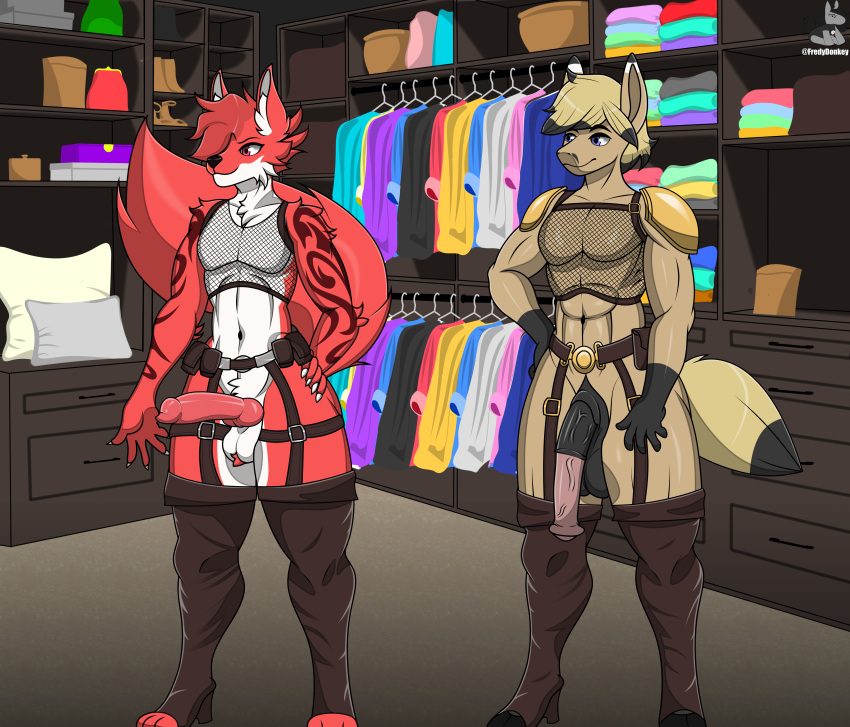 absurd_res advsixeenturer anthro arm_tattoo armor ball_size_difference balls belt blonde_hair blue_eyes boots buckle canid canine clothing dressing_room_(disambiguation) duo equid equine fishnet footwear fox fredydonkey fur genitals hair hi_res high_heeled_boots high_heels horse male mammal penis penis_size_difference pony red_body red_eyes red_fur tail tattoo westhepony