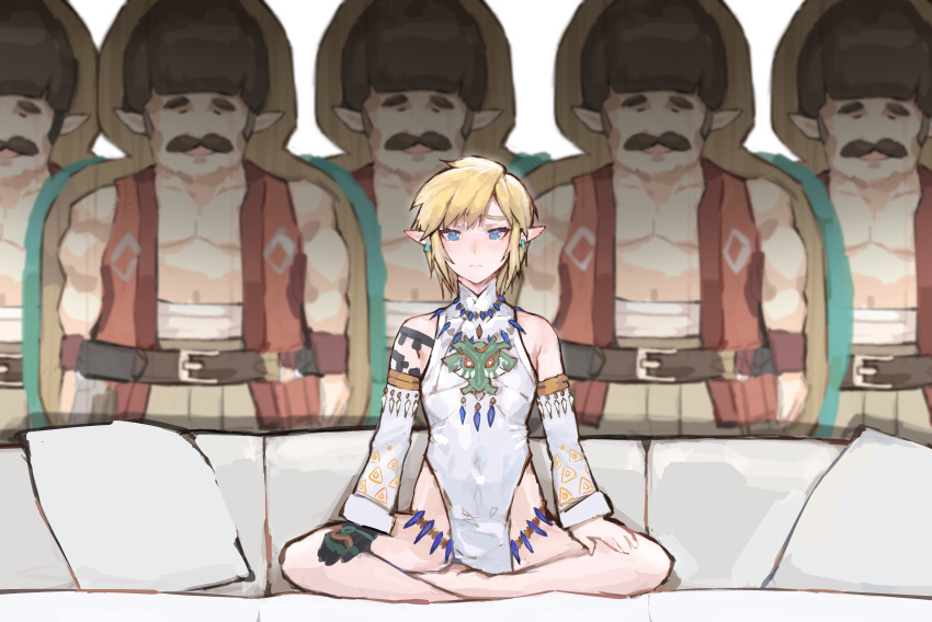 absurdres alternate_color bare_legs blonde_hair blue_eyes cardboard_cutout couch detached_sleeves earrings facial_hair frostbite_set_(zelda) highres hudson_(zelda) indian_style iuui jewelry link meme mustache no_pants official_alternate_costume otoko_no_ko pelvic_curtain piper_perri_surrounded_(meme) pointy_ears sitting the_legend_of_zelda the_legend_of_zelda:_tears_of_the_kingdom