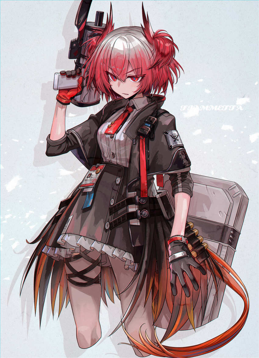 1girl absurdres ammunition_belt animal_ears arknights bird_ears bird_tail black_gloves black_jacket black_skirt character_name cropped_legs feather_trim fiammetta_(arknights) gloves gun hair_between_eyes hand_up highres holding holding_gun holding_weapon jacket matsuba_(mtbsbr721) necktie open_clothes open_jacket red_eyes red_gloves red_hair red_necktie ribbed_shirt shirt short_hair skirt solo tail v-shaped_eyebrows weapon
