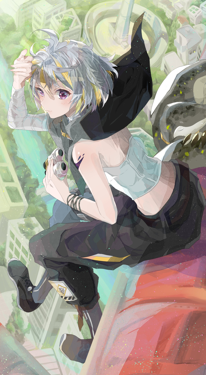 180yen_(artist) 1girl absurdres arm_up baggy_pants bandaged_arm bandages belt binoculars black_belt black_capelet black_footwear black_pants blonde_hair building capelet commentary_request commission crop_top day fingernails from_side full_body grey_hair grey_tube_top hair_between_eyes highres holding holding_binoculars indie_virtual_youtuber leaning_forward light_blush light_smile looking_at_viewer looking_to_the_side messy_hair multicolored_hair outdoors pants paper_texture parted_lips purple_eyes scar scar_on_arm scar_on_shoulder shoes short_hair sitting skeb_commission solo space_print starry_sky_print strapless streaked_hair sunlight sunny_splosion tube_top two-tone_hair virtual_youtuber wind