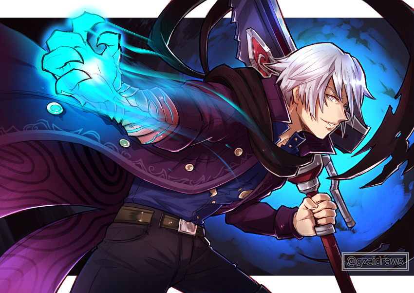 1boy belt black_scarf devil_bringer devil_may_cry_(series) devil_may_cry_4 glowing glowing_hand grey_hair gzei highres jacket looking_at_viewer nero_(devil_may_cry) official_alternate_costume outstretched_arm over_shoulder purple_jacket red_queen_(sword) scarf smile solo weapon weapon_over_shoulder