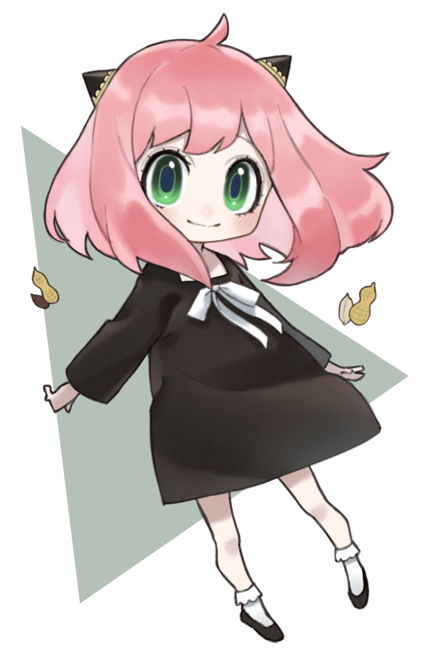 1girl absurdres ahoge anya_(spy_x_family) black_dress black_footwear chicken31 closed_mouth dress full_body green_eyes hairpods highres looking_at_viewer medium_hair peanut pink_hair smile socks solo spy_x_family white_socks