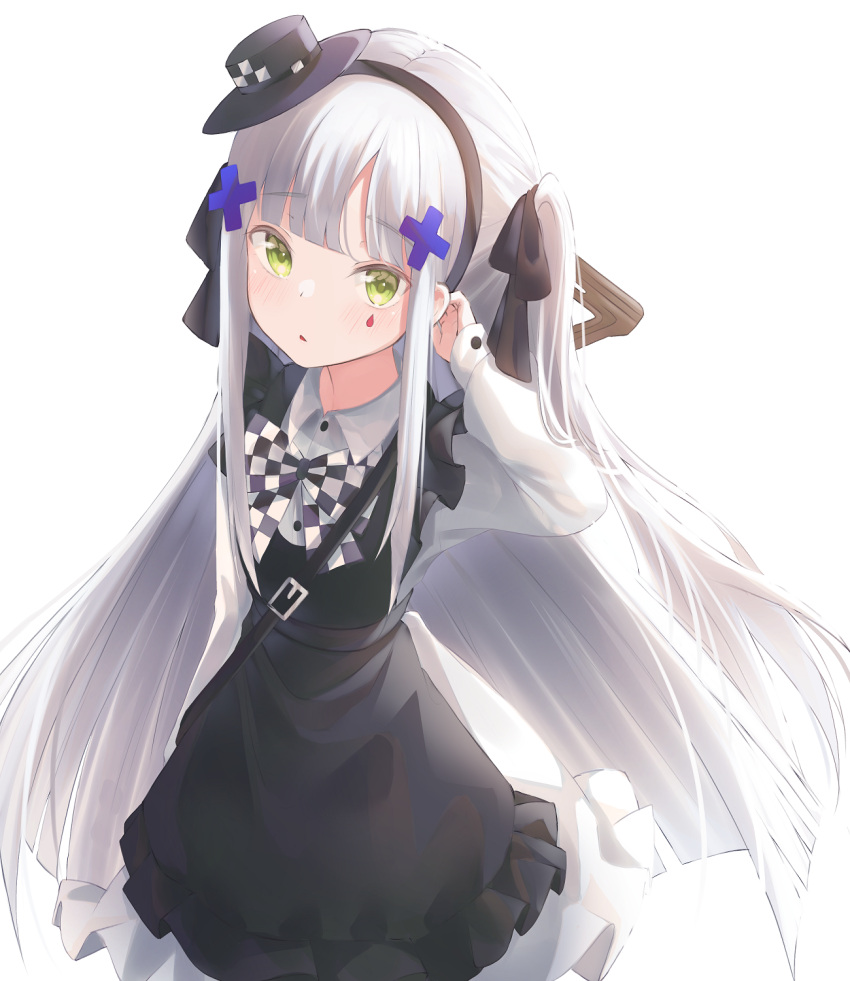 1girl apron assault_rifle black_apron black_ribbon blush bow checkered_bow checkered_clothes collared_dress commentary cowboy_shot dress facial_mark girls'_frontline green_eyes gun gun_on_back hair_ribbon hairband hat highres hk416_(black_kitty's_gift)_(girls'_frontline) hk416_(girls'_frontline) kimi_(jxrm5387) long_hair long_sleeves looking_at_viewer mini_hat official_alternate_costume one_side_up ribbon rifle simple_background sling solo teardrop very_long_hair weapon weapon_on_back white_background white_dress white_hair