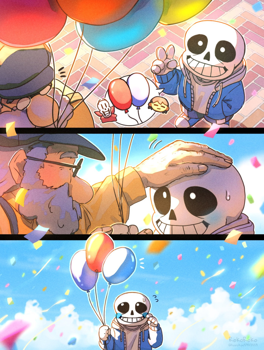 2boys artist_name balloon black_shorts blue_jacket blush brown_shirt confetti day frisk_(undertale) glasses hat headpat highres holding holding_balloon hood hood_down hooded_jacket jacket korokor59513559 male_focus multiple_boys open_clothes open_jacket outdoors papyrus_(undertale) round_eyewear sans shirt shorts skeleton sky teeth twitter_username undertale