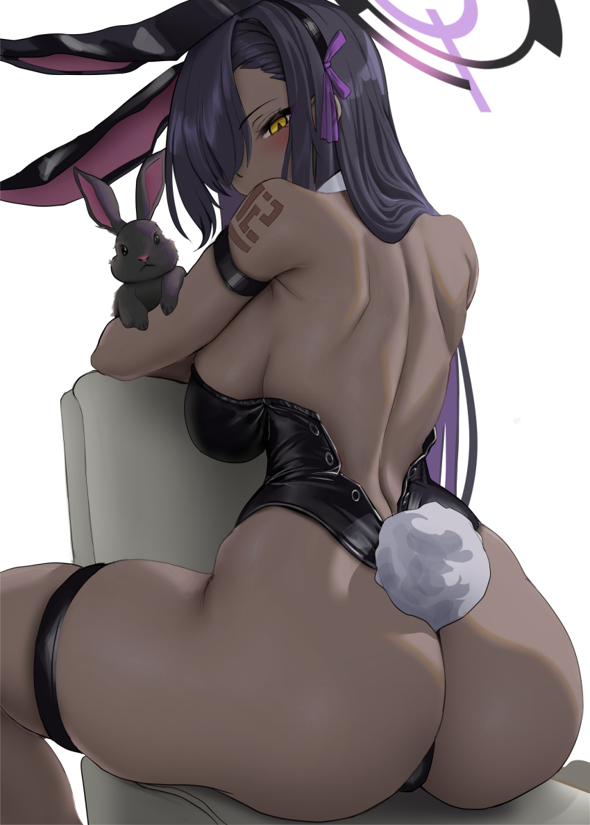 1girl animal_ears animal_on_arm arm_rest arm_strap ass asymmetrical_bangs b-pang back backless_leotard bare_back bare_shoulders black_hair black_leotard blue_archive blush borrowed_hairstyle breasts chair cleavage covered_mouth dark-skinned_female dark_skin detached_collar duplicate fake_animal_ears fake_tail from_behind hair_over_one_eye hair_over_shoulder hair_ribbon hairband halo highleg highleg_leotard highres huge_ass karin_(blue_archive) karin_(bunny)_(blue_archive) large_breasts leotard long_bangs long_hair looking_at_viewer looking_back median_furrow number_tattoo official_alternate_costume one_eye_covered pixel-perfect_duplicate playboy_bunny ponytail rabbit rabbit_ears rabbit_tail ribbon shoulder_blades shoulder_tattoo sideboob sidelocks simple_background sitting sitting_backwards skindentation slit_pupils solo tail tattoo thigh_strap thighs thong_leotard unbuttoned very_long_hair yellow_eyes