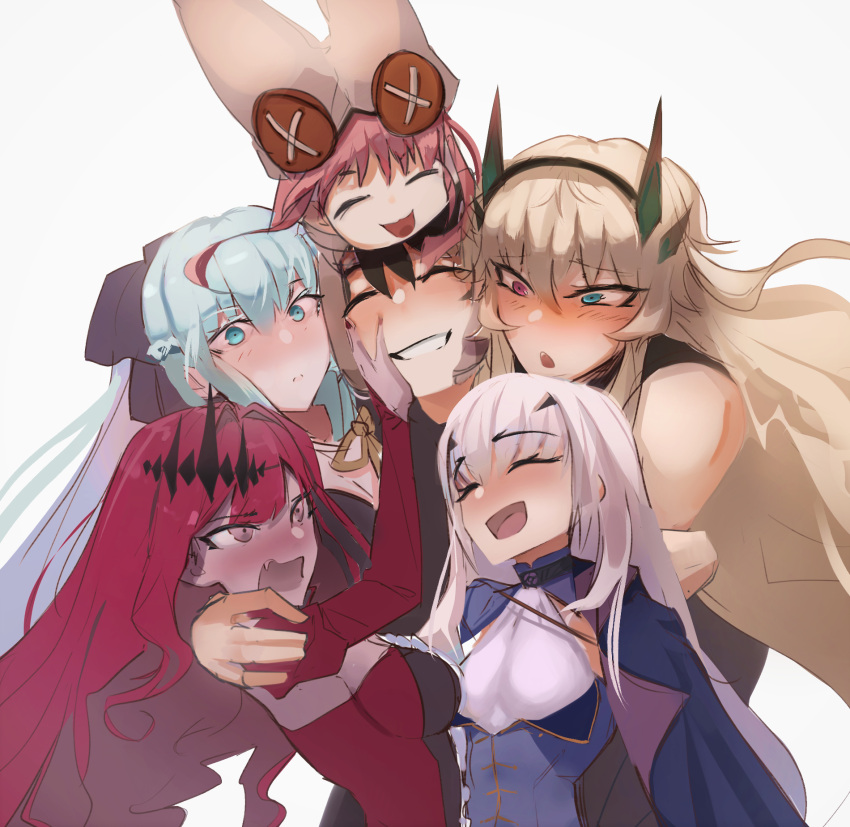 1boy 5girls aiguillette baobhan_sith_(fate) baobhan_sith_(first_ascension)_(fate) bare_shoulders barghest_(fate) barghest_(second_ascension)_(fate) black_bow black_dress black_hair blonde_hair blue_cape blue_dress blue_eyes blush bow braid breasts button_eyes buttons cape center_frills cleavage closed_eyes detached_sleeves dress fate/grand_order fate_(series) forked_eyebrows french_braid frills fujimaru_ritsuka_(male) green_eyes grey_eyes grey_hair grin habetrot_(fate) hair_bow hat heterochromia highres horns hug jacket large_breasts long_hair long_sleeves looking_at_viewer melusine_(fate) melusine_(second_ascension)_(fate) morgan_le_fay_(fate) multiple_girls obazzotto open_mouth pink_hair pink_headwear pink_jacket pointy_ears ponytail red_dress red_eyes short_hair sidelocks small_breasts smile tiara very_long_hair white_hair