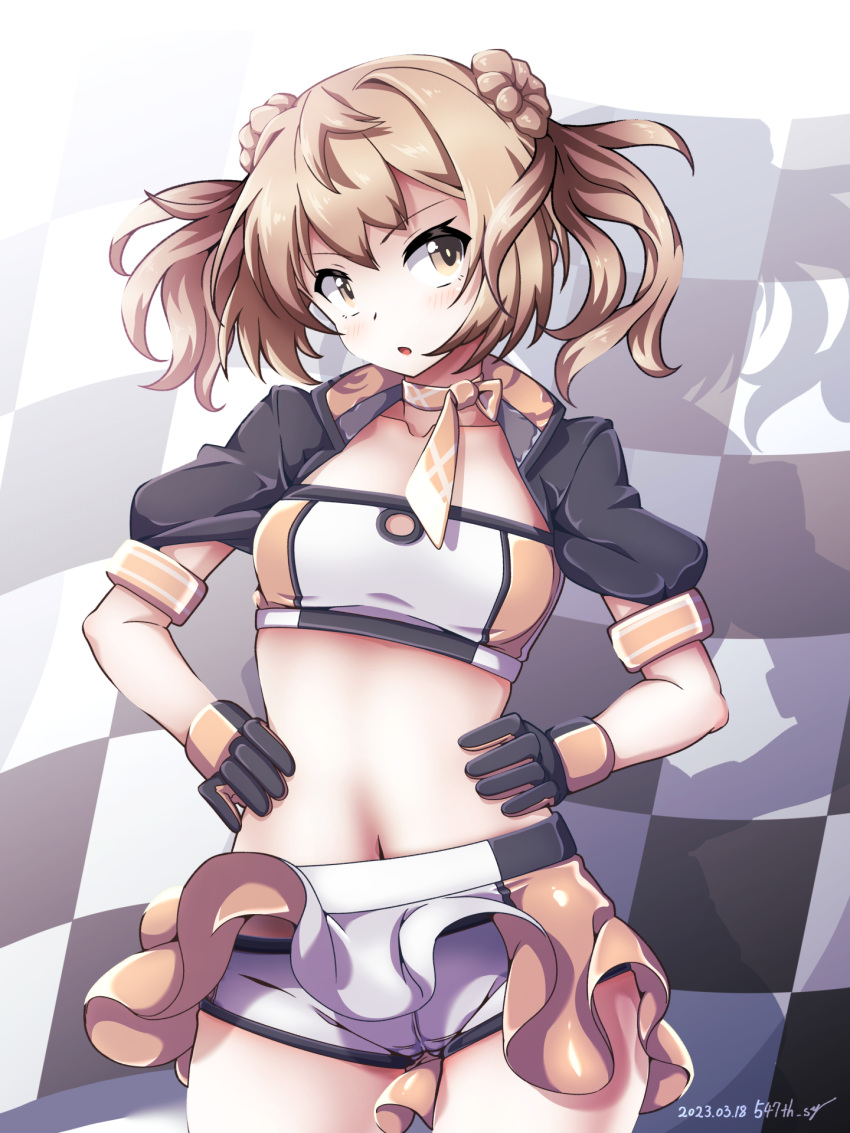1girl 547th_sy bandeau black_gloves breasts checkered_flag clothes_lift cosplay cropped_jacket double_bun flag gloves hair_bun highres jacket kantai_collection light_brown_hair michishio_(kancolle) multicolored_clothes multicolored_jacket natsugumo_(kancolle) natsugumo_(kancolle)_(cosplay) orange_bandeau orange_gloves orange_skirt race_queen short_twintails skirt skirt_lift small_breasts solo twintails two-tone_bandeau two-tone_skirt white_bandeau wind wind_lift yellow_eyes