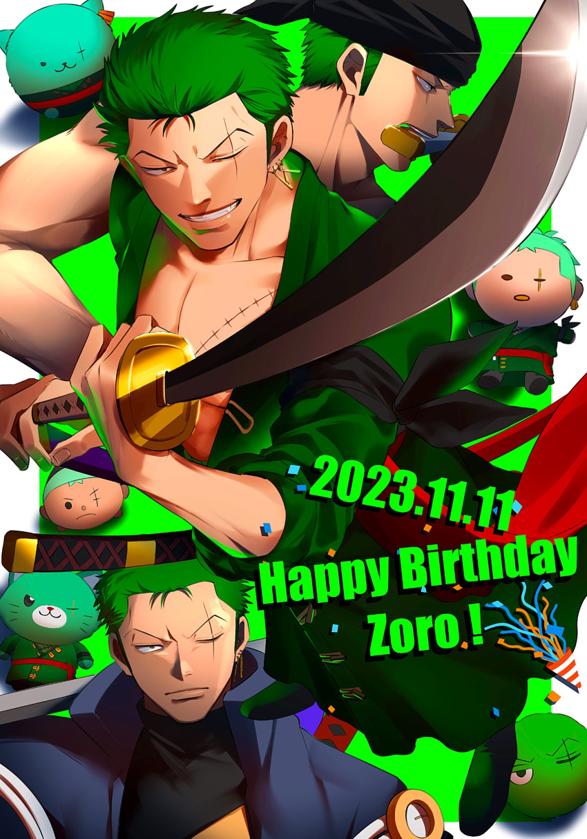 1boy character_doll dated foreshortening green_hair green_theme happy_birthday highres holding holding_sword holding_weapon male_focus marimo marimo_zoro mlh7q multiple_views one_piece personification plantification roronoa_zoro scar scar_across_eye serious short_hair sword weapon weapon_in_mouth