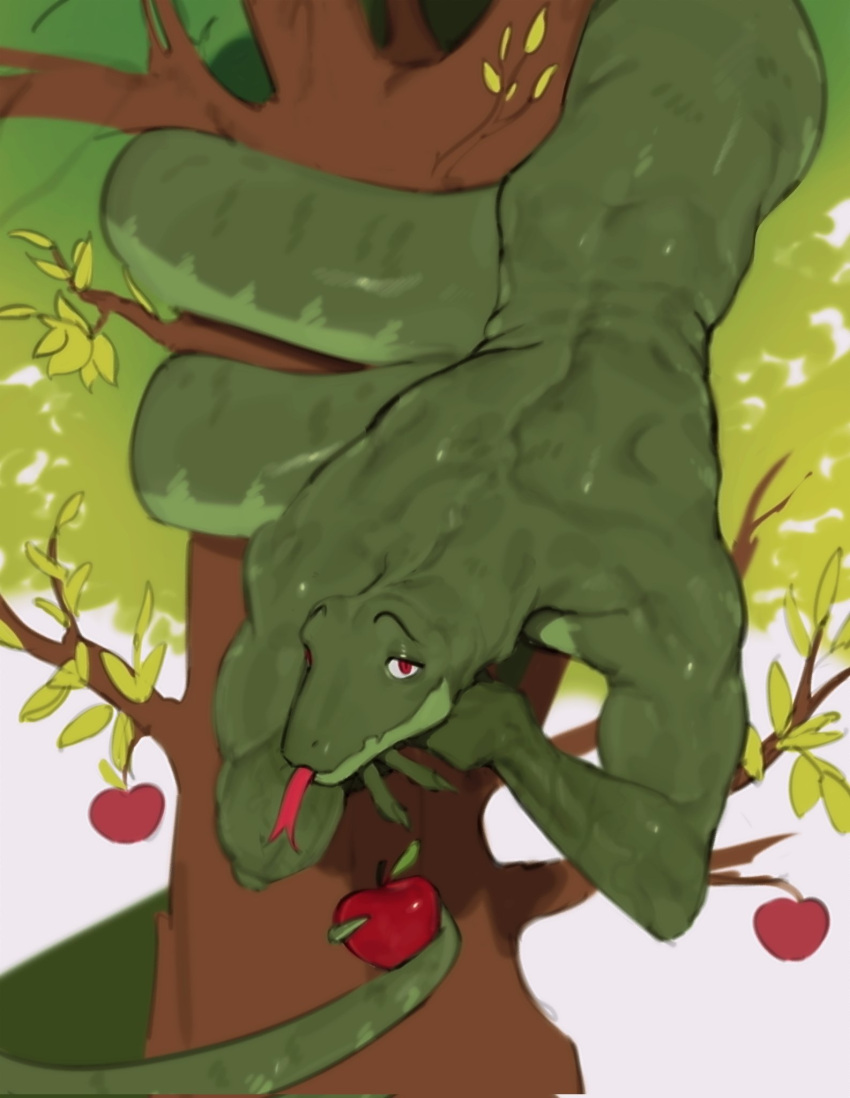 2023 anthro apode apple back_muscles bible biceps digital_media_(artwork) draconcopode eyebrows food forked_tongue fruit green_body green_scales hi_res kogito leaf legless male muscular muscular_anthro muscular_male naga plant red_eyes religion reptile scales scalie serpentine snake solo tail tongue tongue_out tree