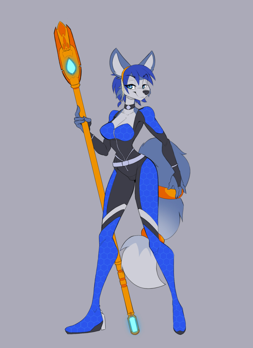 2023 anthro biped black_clothing black_nose blue_body blue_clothing blue_eyes blue_hair bodysuit braided_hair canid canine choker closed_smile clothed clothing countershade_face countershade_torso countershading dipstick_tail eyebrows female fox grey_background hair hi_res holding_object holding_staff holding_weapon jewelry jrvanesbroek krystal krystal's_staff looking_at_viewer mammal markings mouth_closed multicolored_body multicolored_clothing necklace nintendo simple_background skinsuit smile solo staff standing star_fox tail tail_markings tail_wraps tight_clothing two_tone_body two_tone_clothing weapon white_body white_markings wraps
