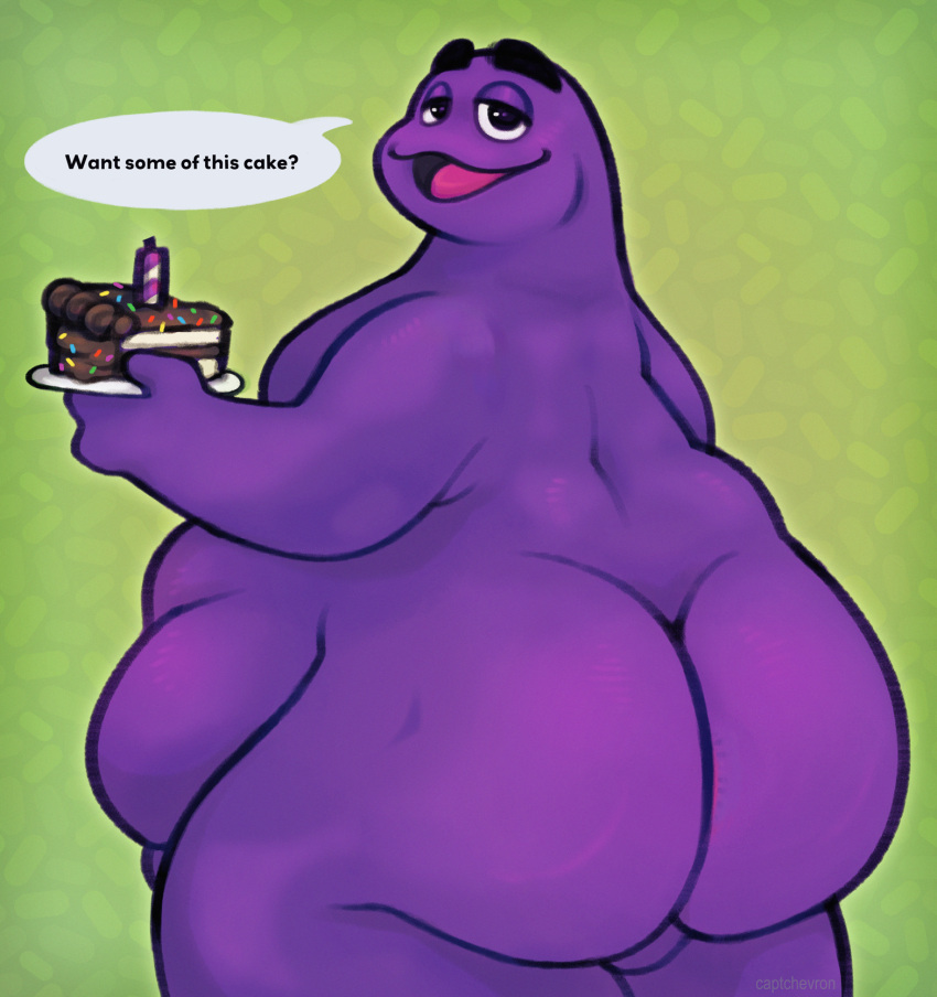 2023 anthro belly big_butt butt butt_dimples cake cake_slice captchevron dessert dialogue digital_media_(artwork) english_text eyebrows fat_rolls food grimace_(mcdonald's) half-closed_eyes hi_res male narrowed_eyes obese obese_anthro obese_male open_mouth overweight overweight_anthro overweight_male purple_body rear_view shaded smile solo text