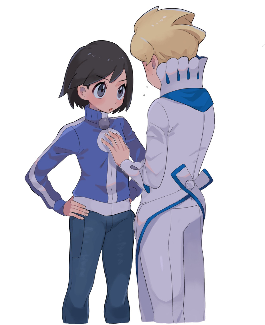 2boys :o apron black_hair blonde_hair blue_jacket calem_(pokemon) commentary_request grey_eyes hands_on_own_hips high_collar highres jacket long_sleeves male_focus multiple_boys pants parted_lips pokemon pokemon_(game) pokemon_xy sana_(37pisana) shirt short_hair siebold_(pokemon) simple_background sweat waist_apron white_apron white_background white_pants white_shirt